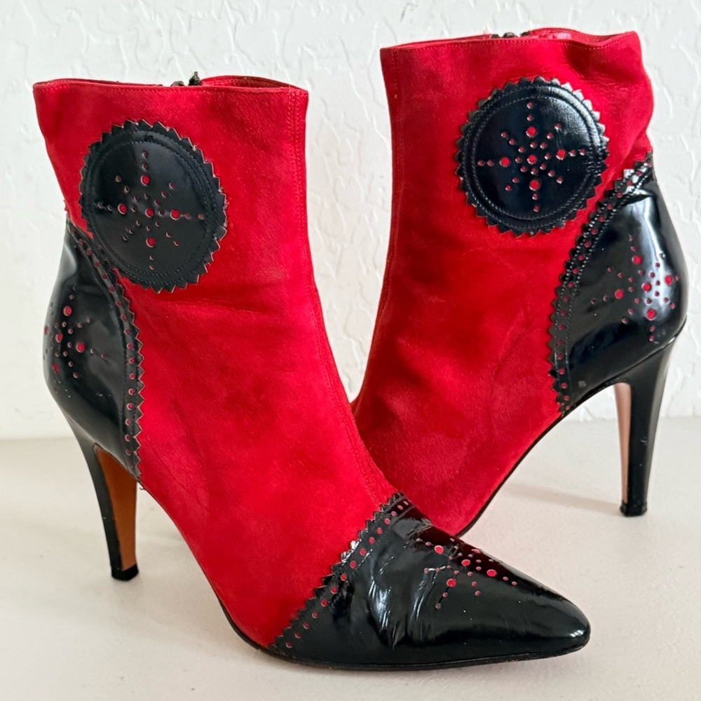 Vintage Todd Oldham Red Suede Patent Leather Stiletto Ankle Boots Size 35 US 5